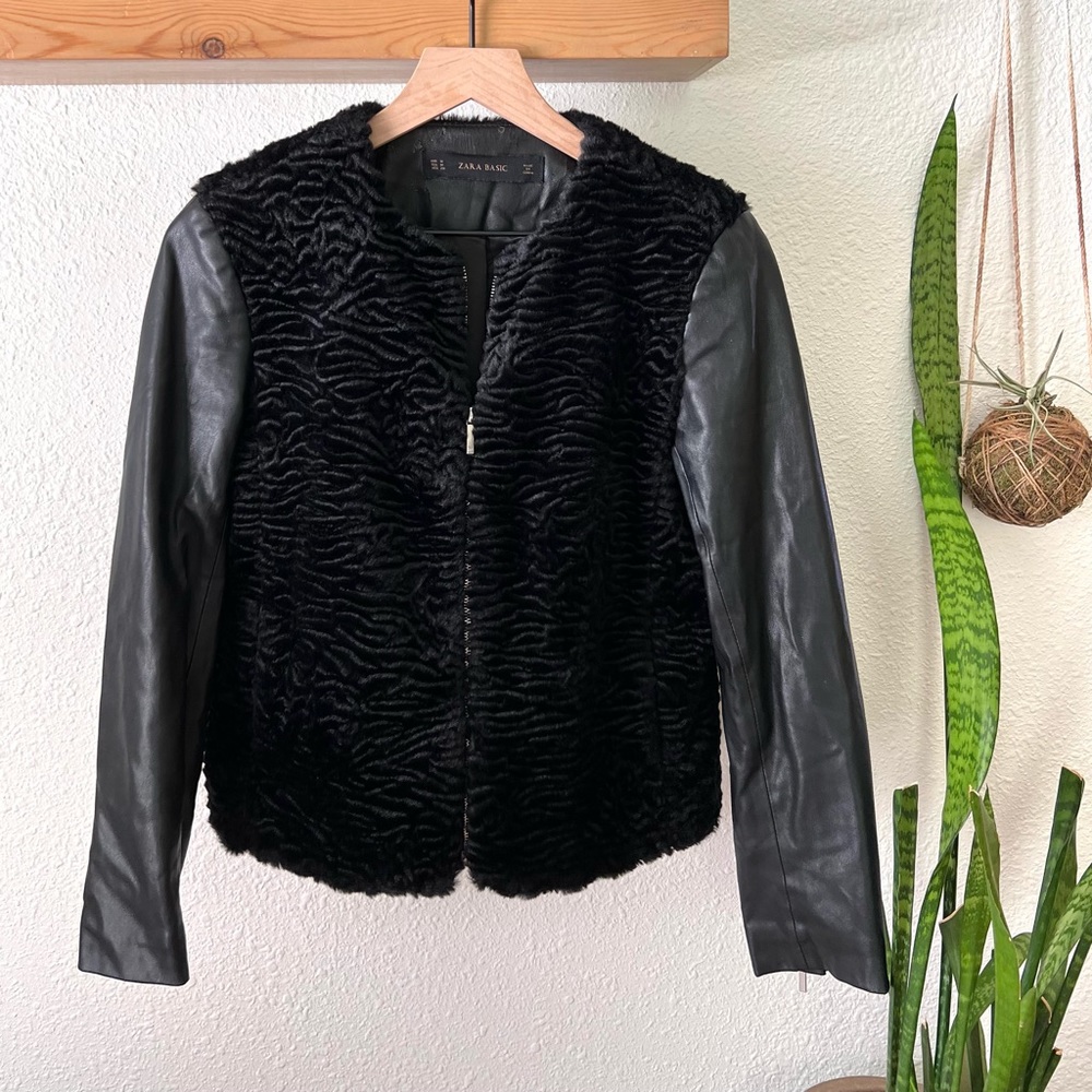 Zara Faux Fur & Vegan Leather Jacket Gem
